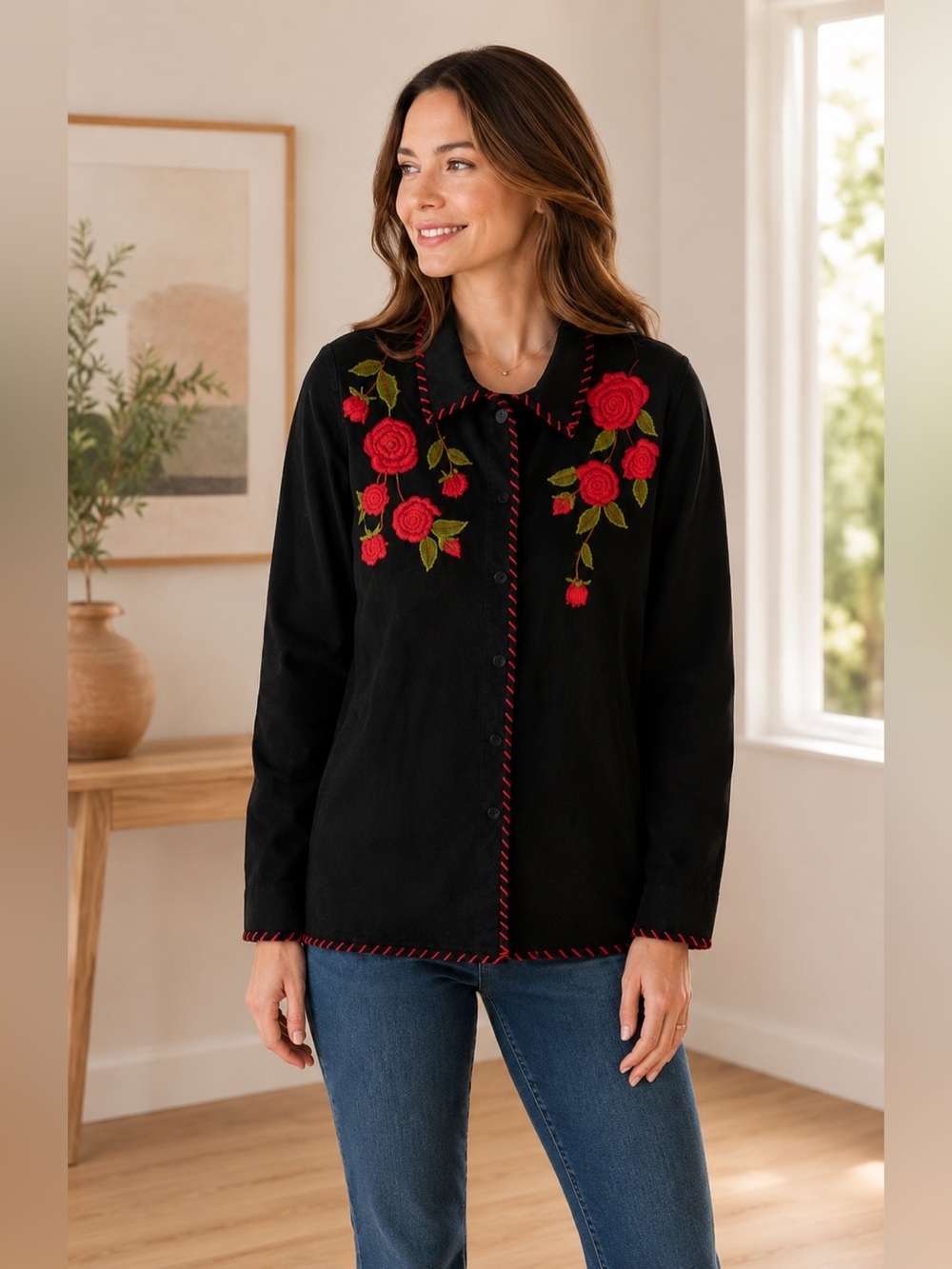 Vintage Quacker Factory Black Leather Embroidered Rose Jacket – Women’s 2X